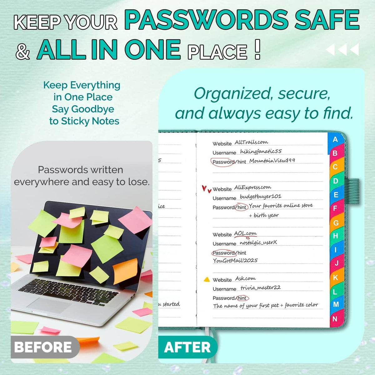 Turquoise password keeper book with organized pages and colorful side tabs for quick reference