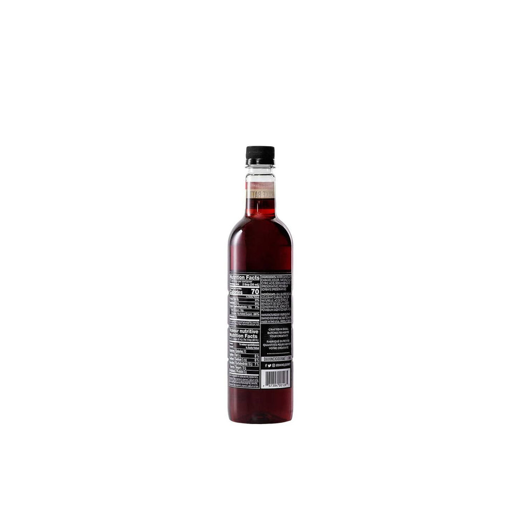 DaVinci Gourmet cake batter syrup bottle with back label, barcode, and nutrition panel