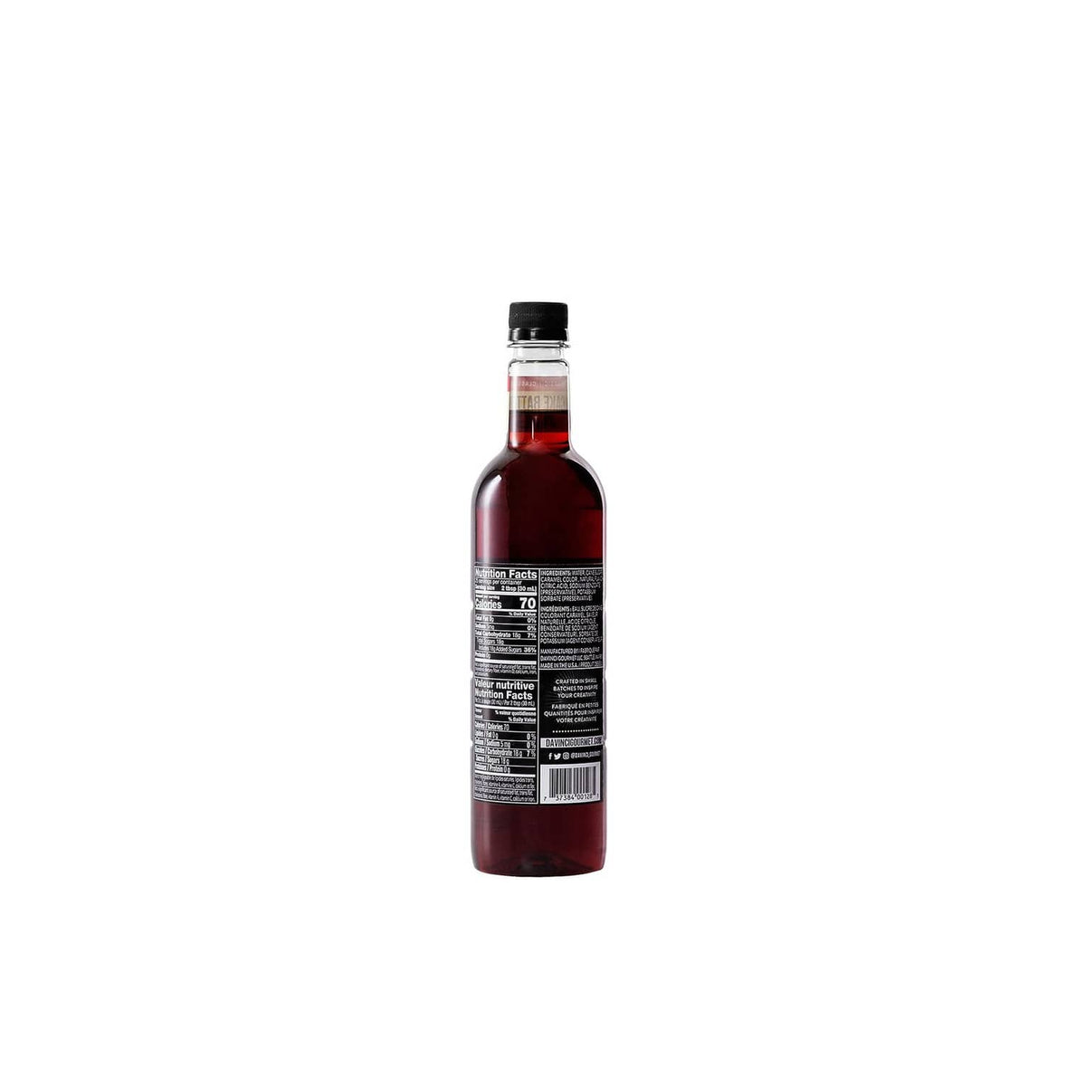 DaVinci Gourmet cake batter syrup bottle with back label, barcode, and nutrition panel