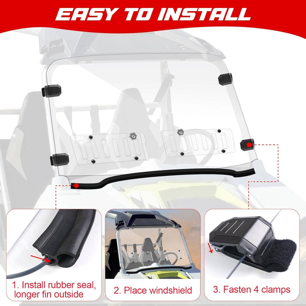 Vented UTV windshield with rubber seal and four black clamps for easy install