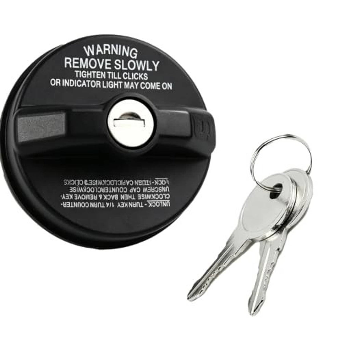 Lock fuel cap with keys, black round cap with lock cylinder and two metal keys
