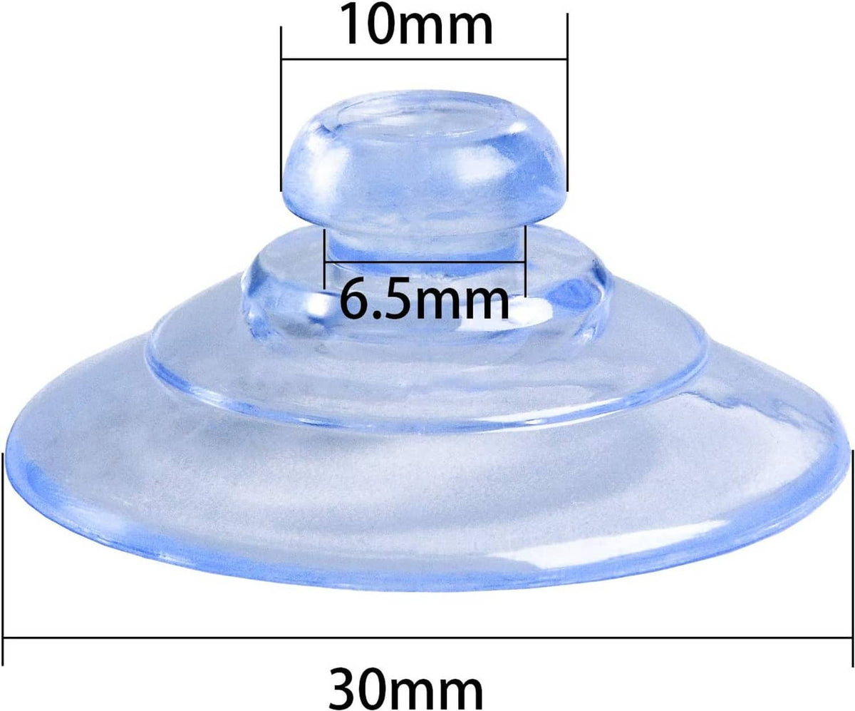 Clear suction cup with dimensions: 30mm base, 10mm top, 6.5mm center
