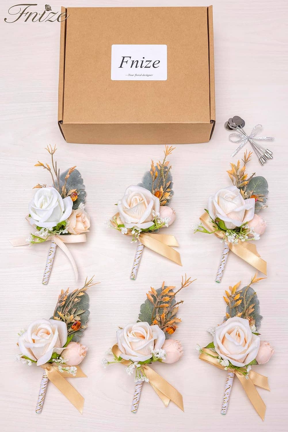 Men's boutonniere set of six: white roses with greenery and champagne ribbon, in box
