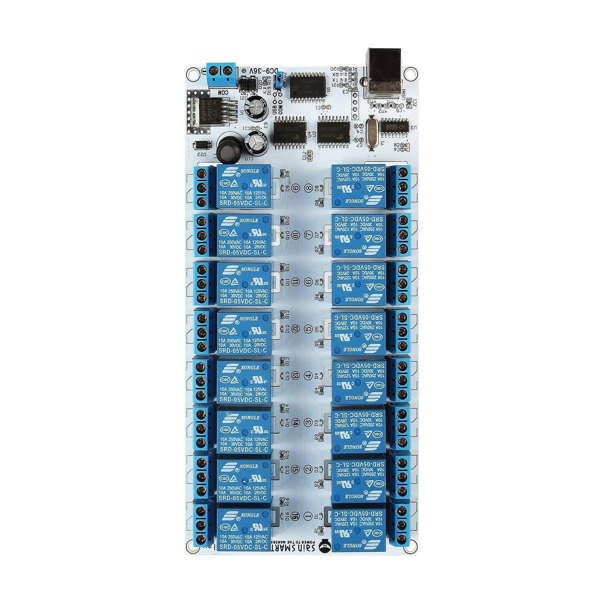 Sainsmart 16-channel USB relay module front view with 16 blue relays and board connectors