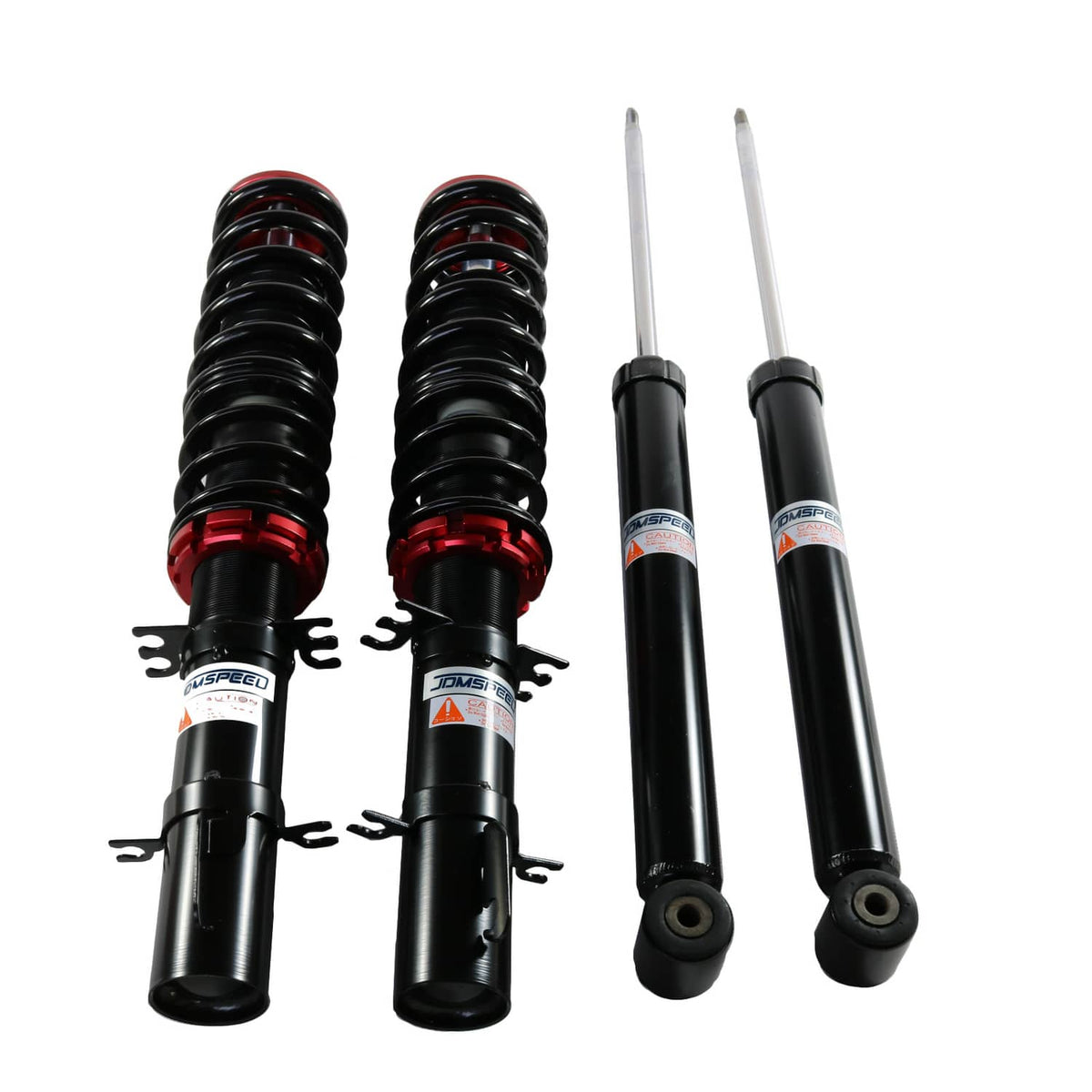 Coilover kit set with black shocks, red collars, silver rods, and spring assemblies