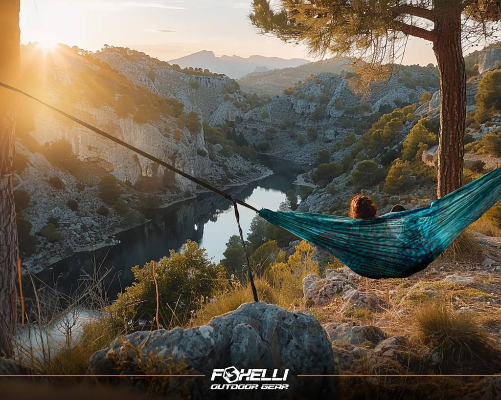 Hammock suspended with black and blue hammock straps from two trees