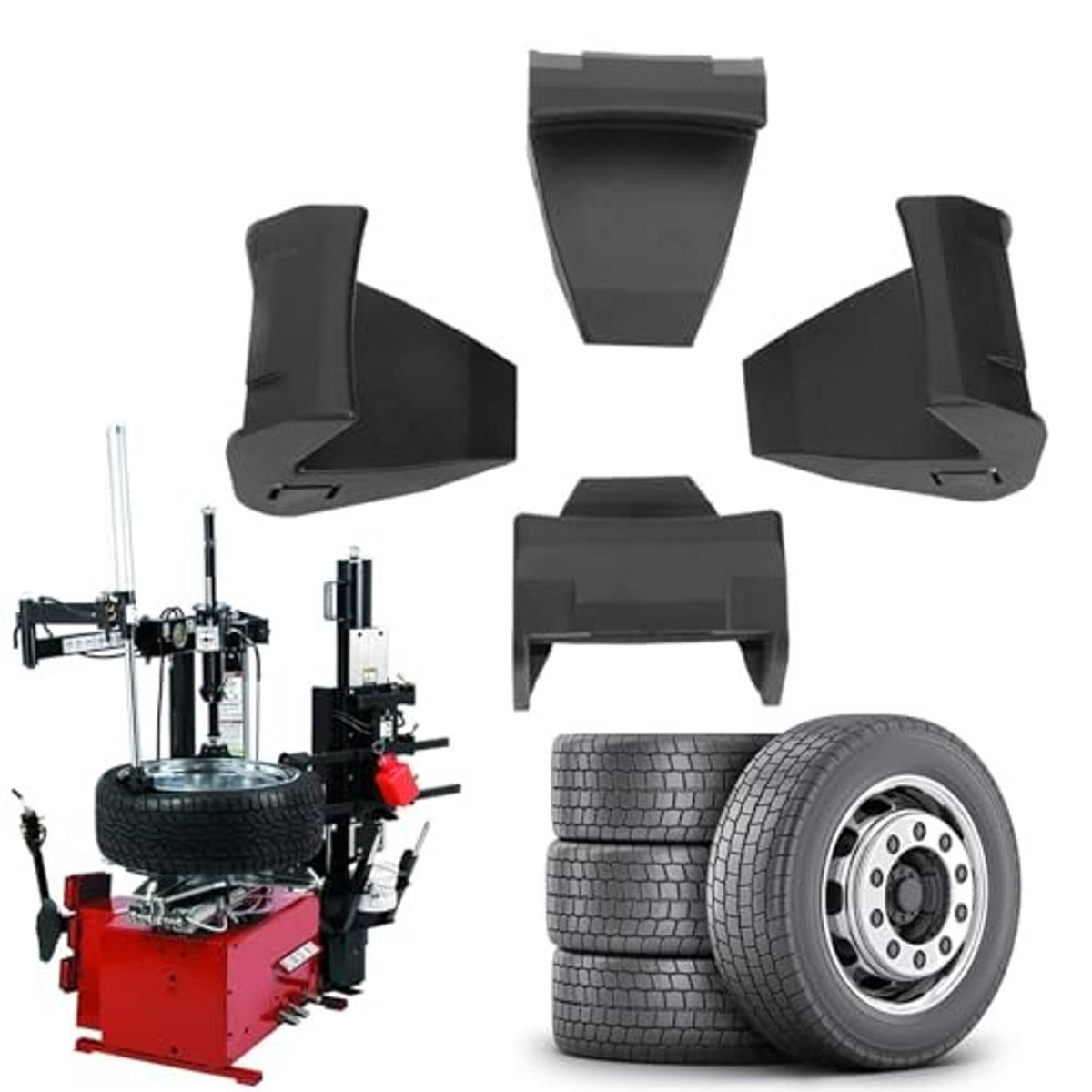 Tire changer rim jaw protector set, dark gray plastic guards near a tire wheel