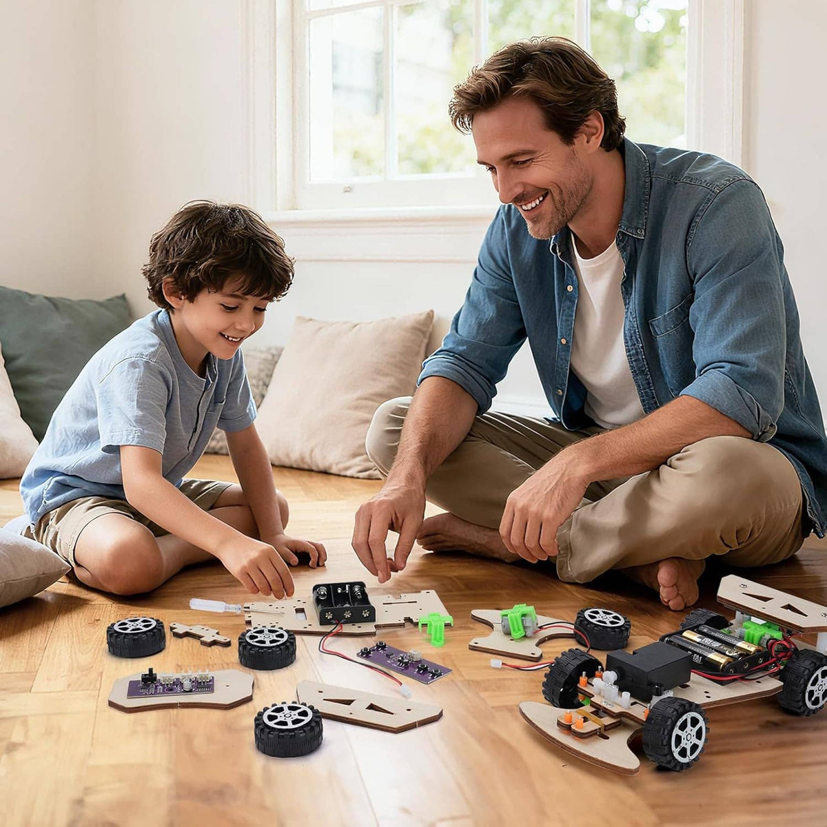 Wooden racing car STEM kit components and purple remote control on floor