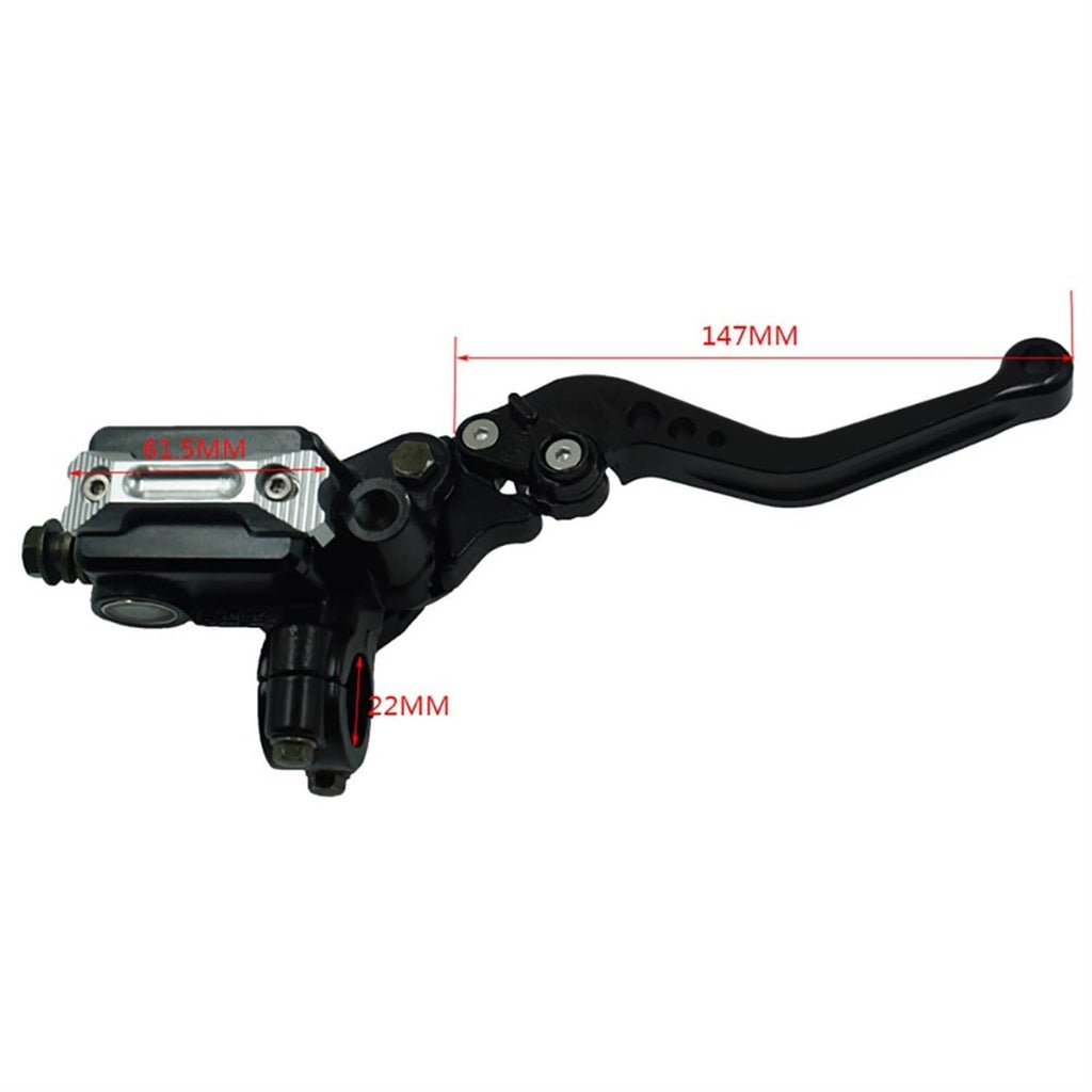 Black motorcycle brake and clutch master cylinder lever set with long lever arms