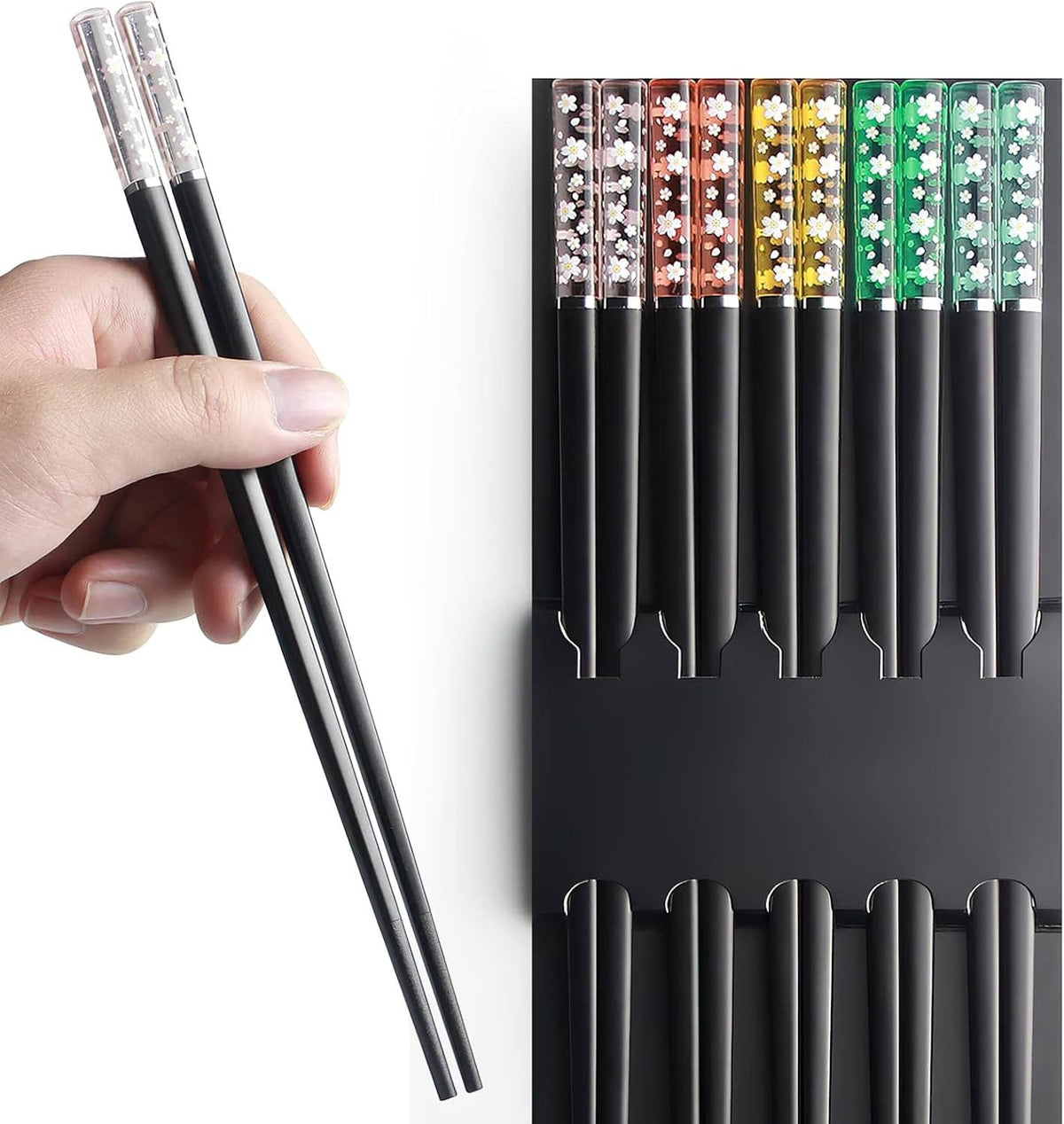 Reusable black chopsticks with clear floral sleeve, with tray of assorted colors behind