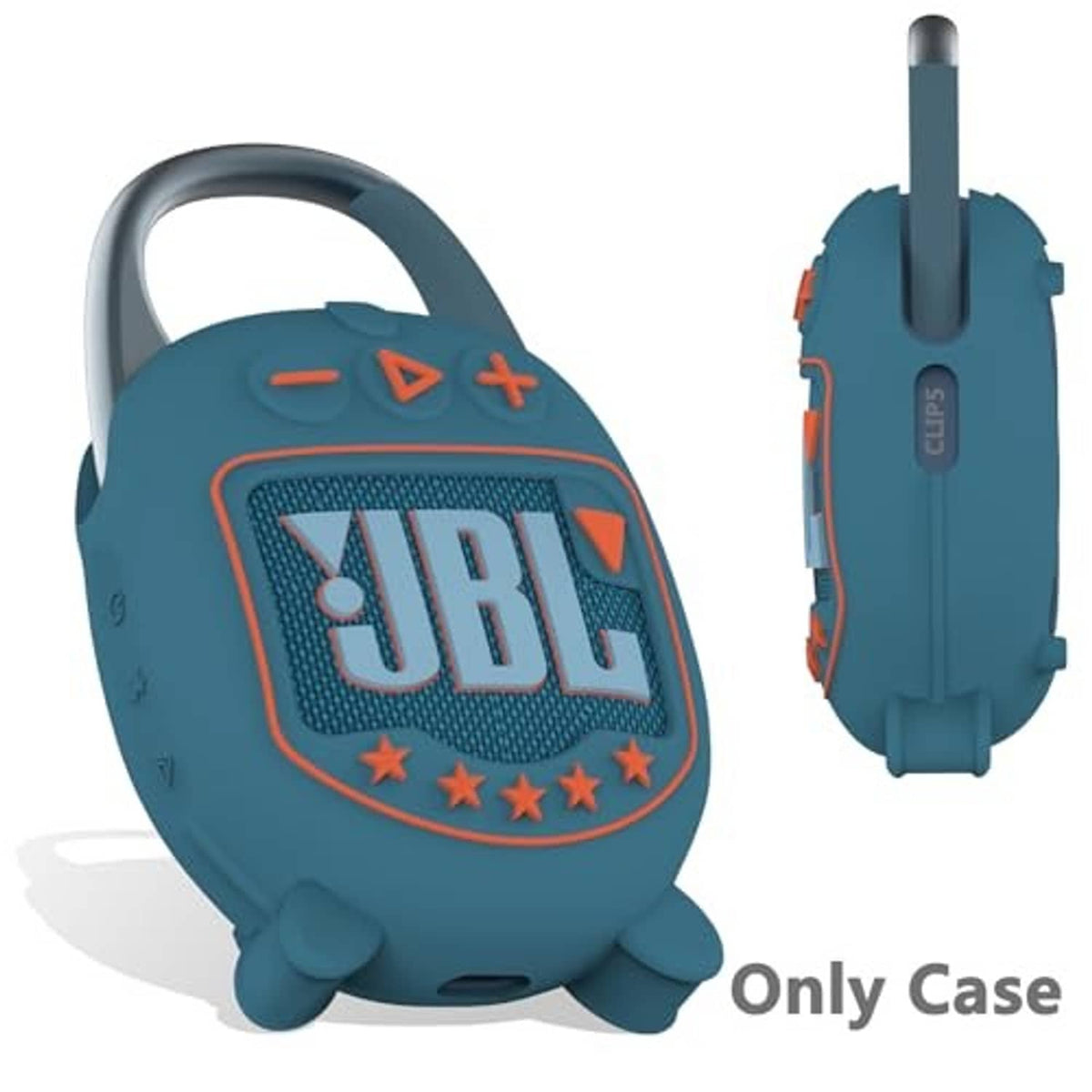 Soft blue JBL Clip 5 silicone case with front and back coverage, orange trim and top strap