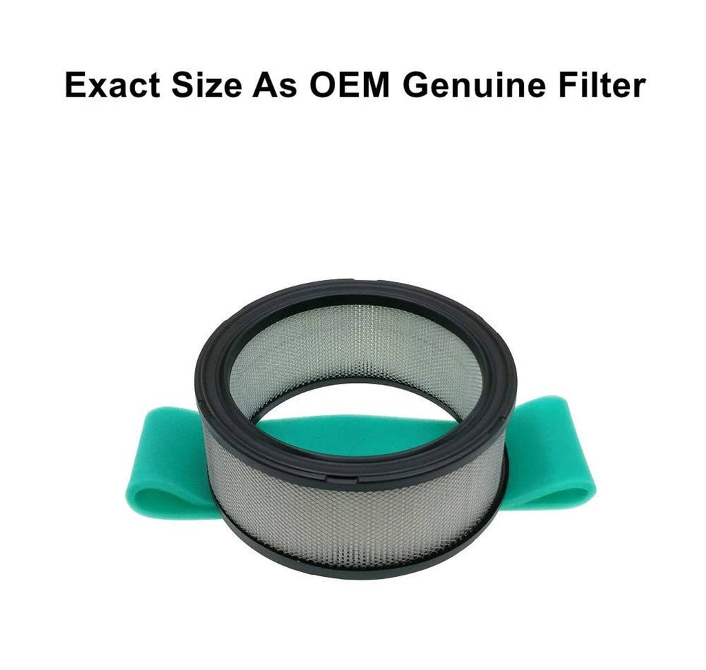 Round air filter element with gray mesh center and teal foam side seals