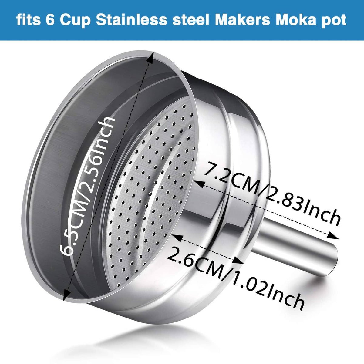 Stainless steel 6-cup moka pot replacement funnel with perforated filter basket and spout
