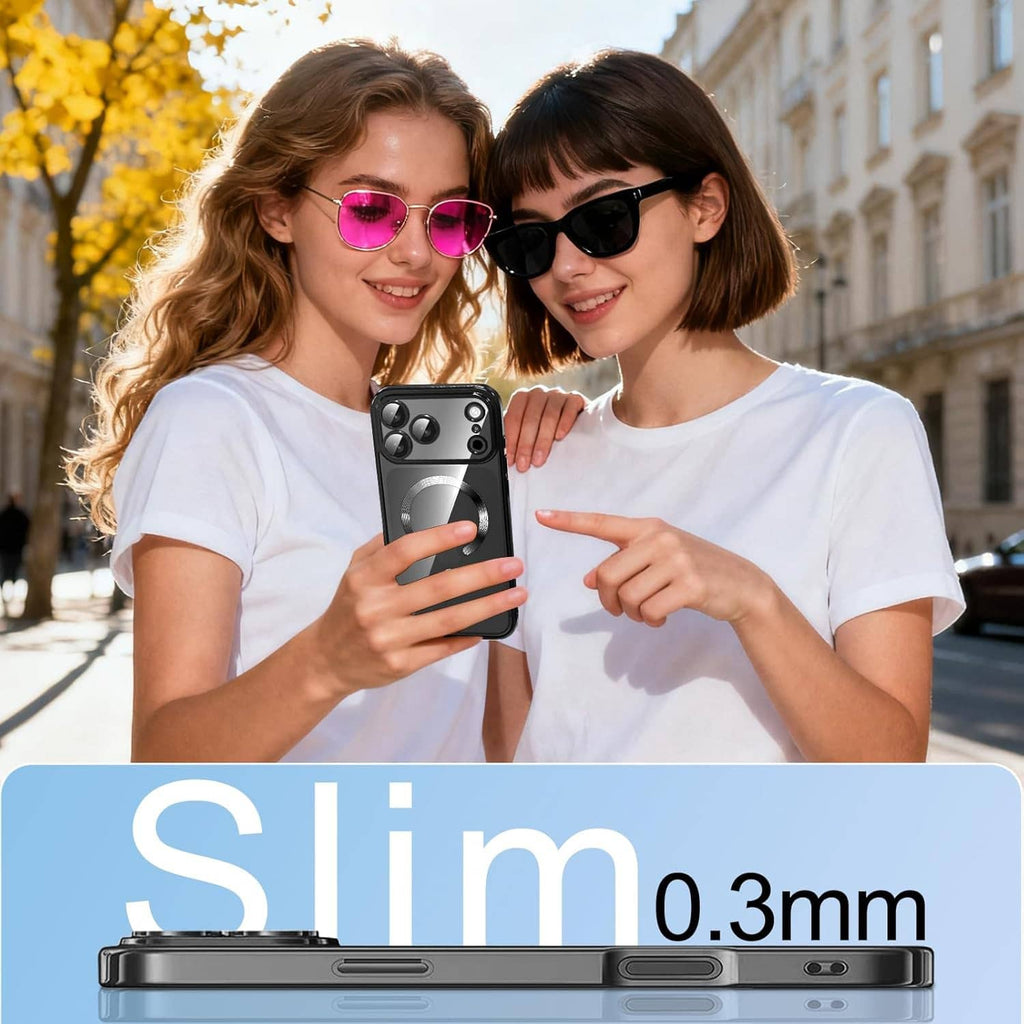 Dark gray phone case with screen protector and ring holder on back, shown on phone