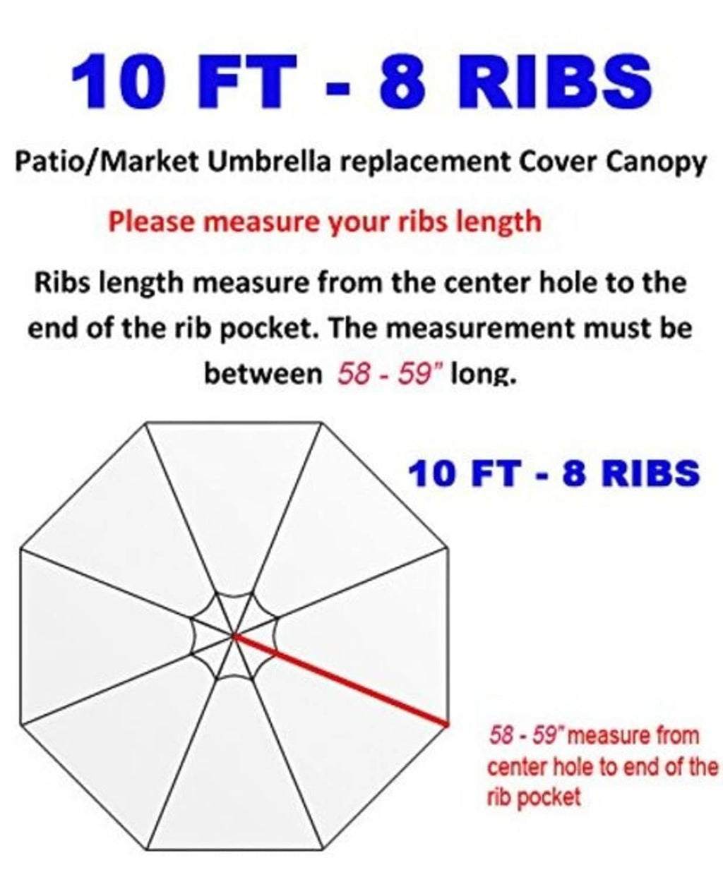 10 ft 8-rib umbrella canopy replacement sizing diagram, 58–59 in center-to-pocket