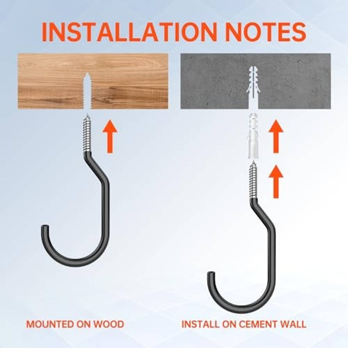 Black bike hooks showing installation on wood and cement surfaces, two mounts.
