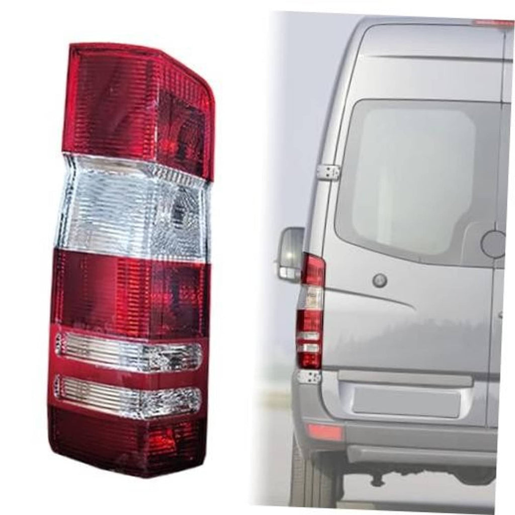 Driver-side tail light with red and clear lenses, vertical rear lamp assembly.