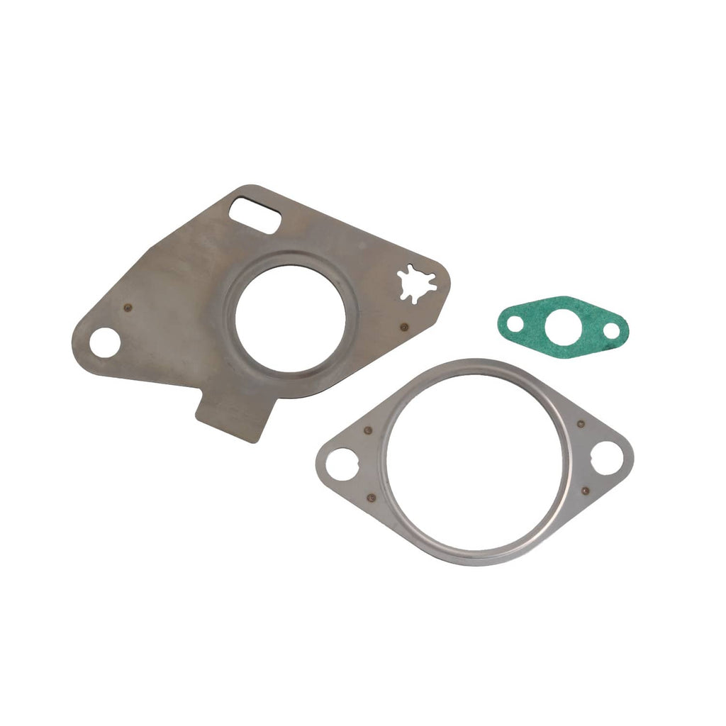 Turbocharger gasket set with two circular plates and green seal, grey metal parts