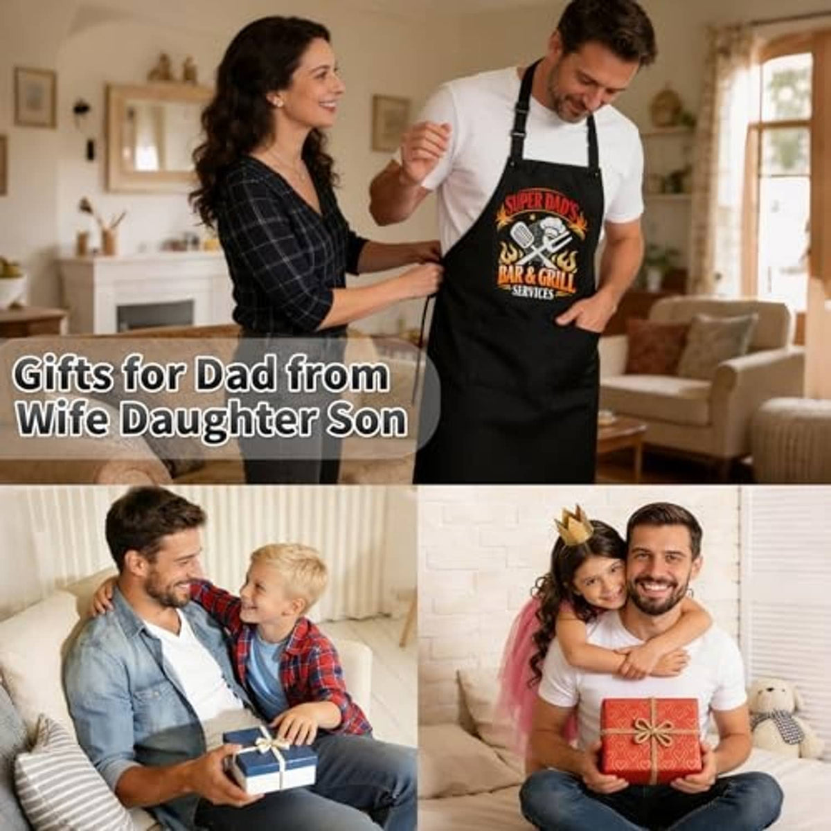 Black grilling apron worn with family, featuring “Super Dad’s Bar & Grill Services” print