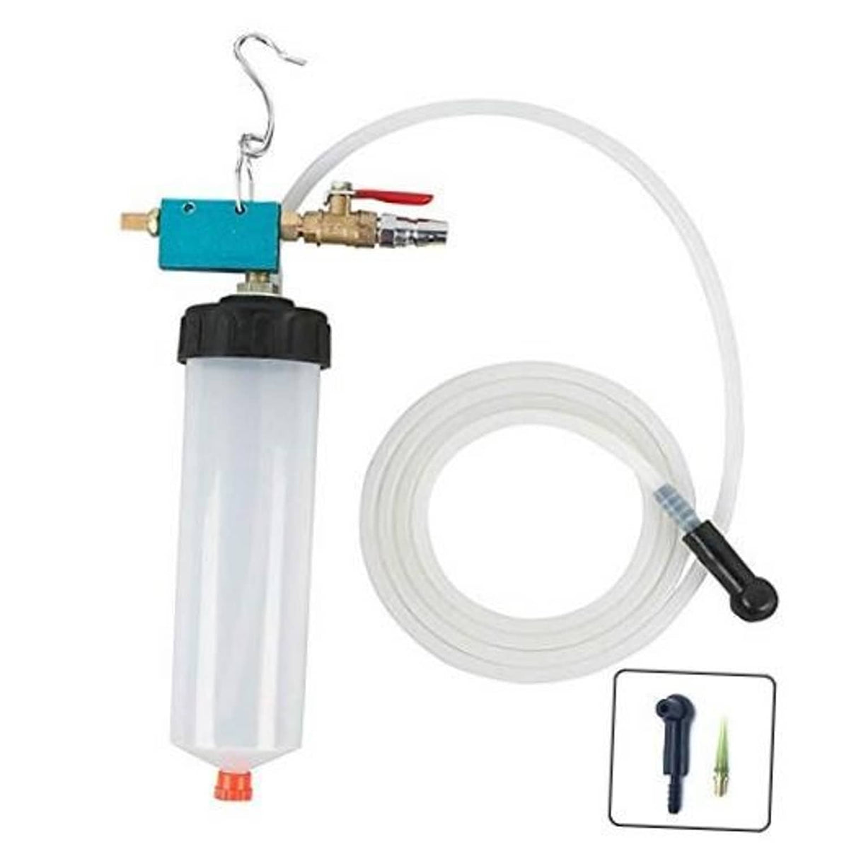 Universal brake fluid extractor tool with clear reservoir, blue valve block, and suction hose