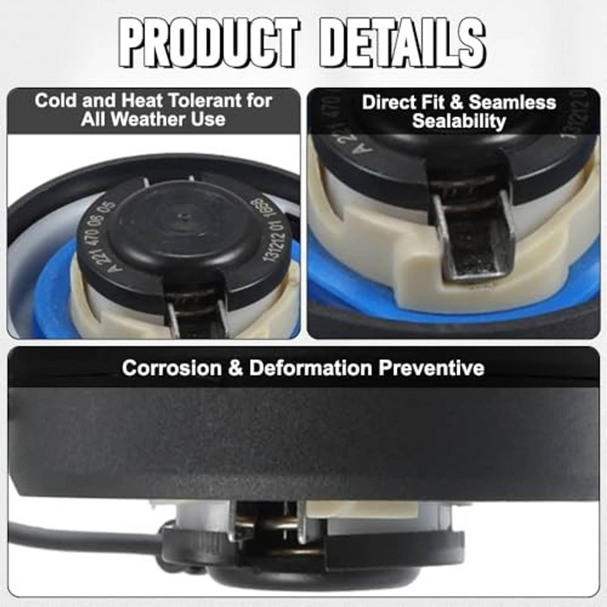 Fuel tank gas cap with tether and internal seal area shown in close-up