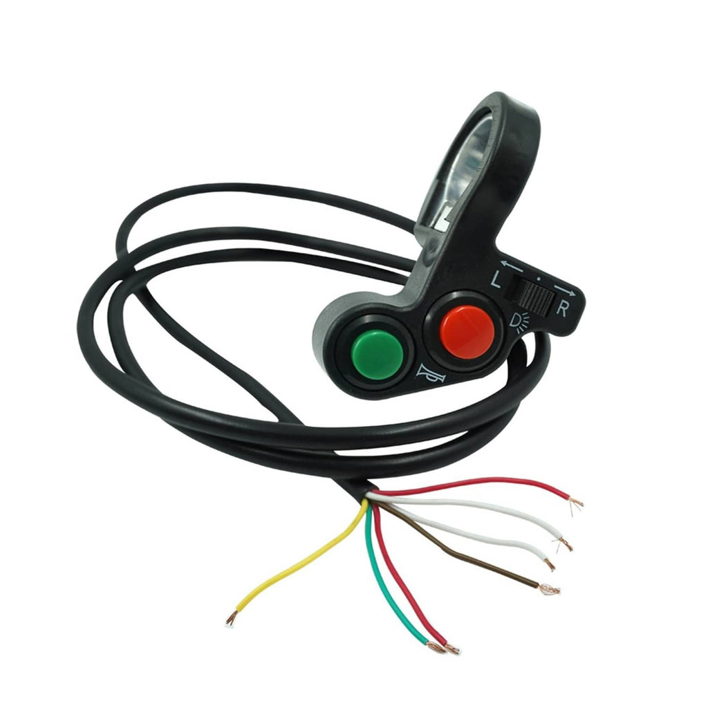 Motorcycle handlebar switch with green and red buttons, black housing, wire leads