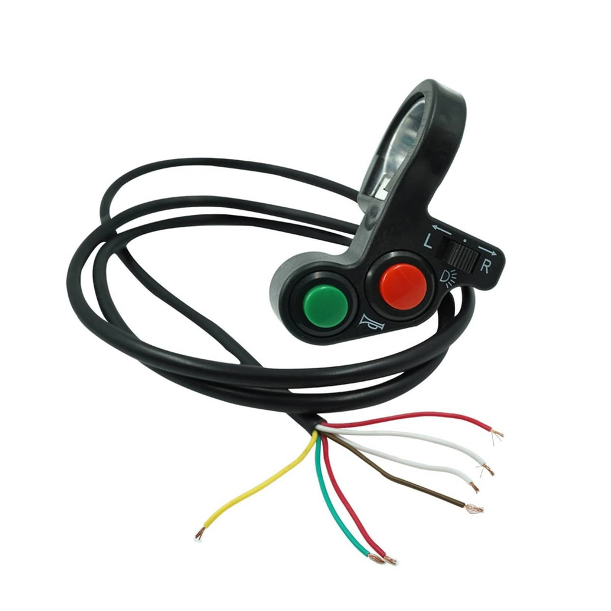 Motorcycle handlebar switch with green and red buttons, black housing, wire leads