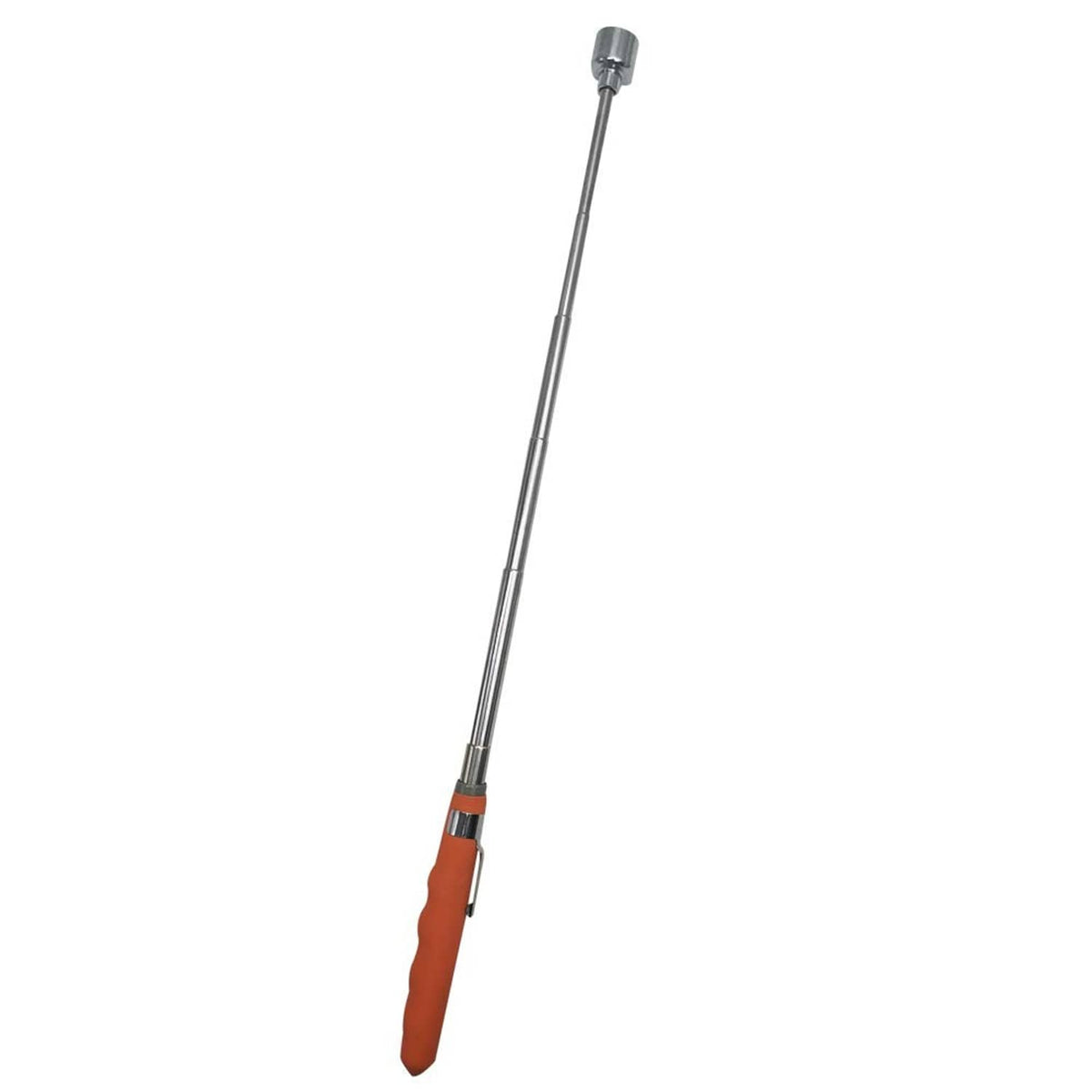 Orange telescoping magnetic pick-up tool with extendable shaft and metal end cap