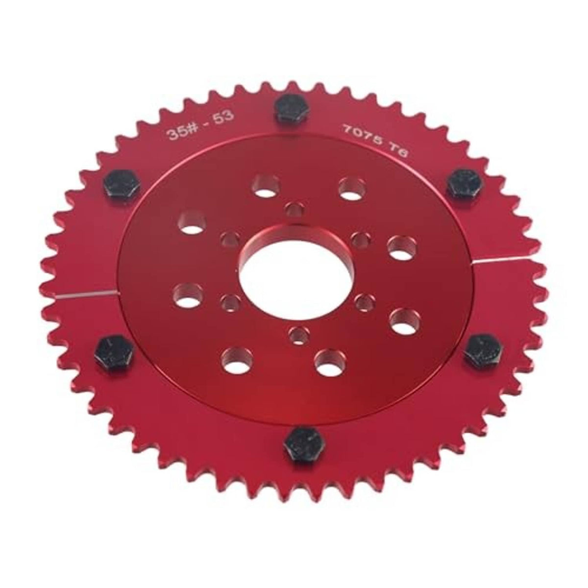 Red sprocket gear with drilled mounting holes and center hole