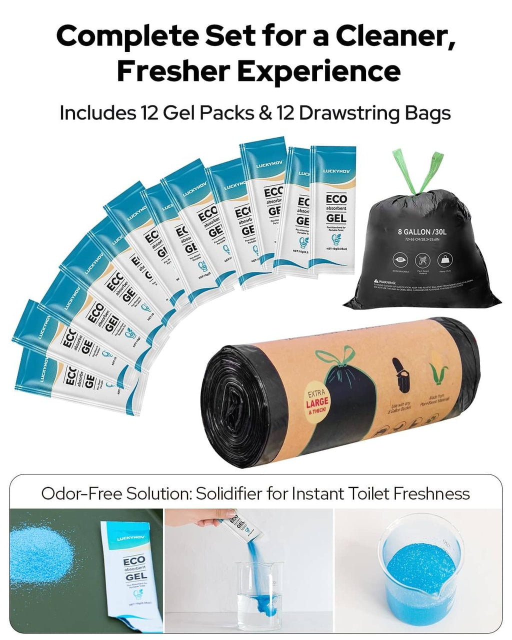 Refill gel pack set for portable toilet with drawstring disposal bags