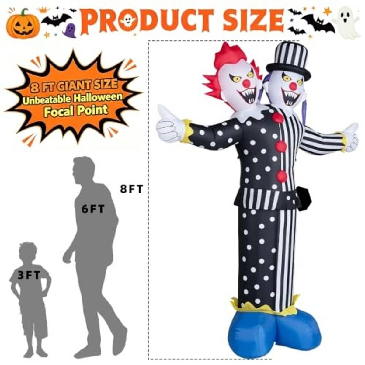 Full-body inflatable two-headed clown in black-and-white polka-dot striped suit with blue base