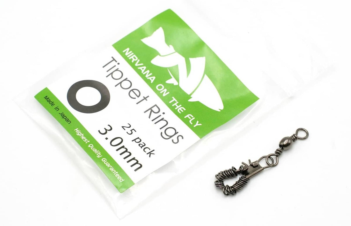 Silver fly fishing tippet rings on a clip, 25-pack