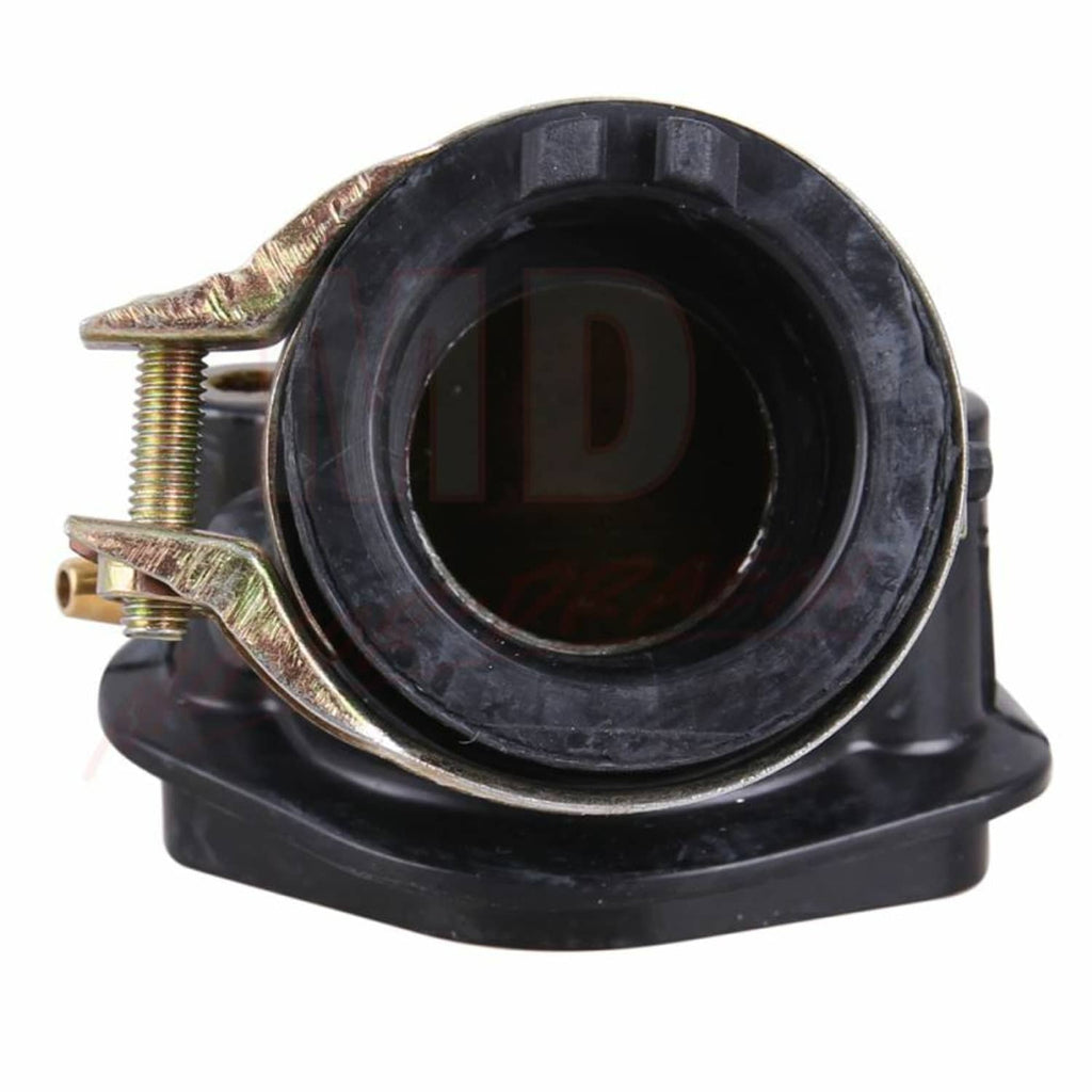 Black intake manifold opening with circular rubber seal and iridescent metal flange