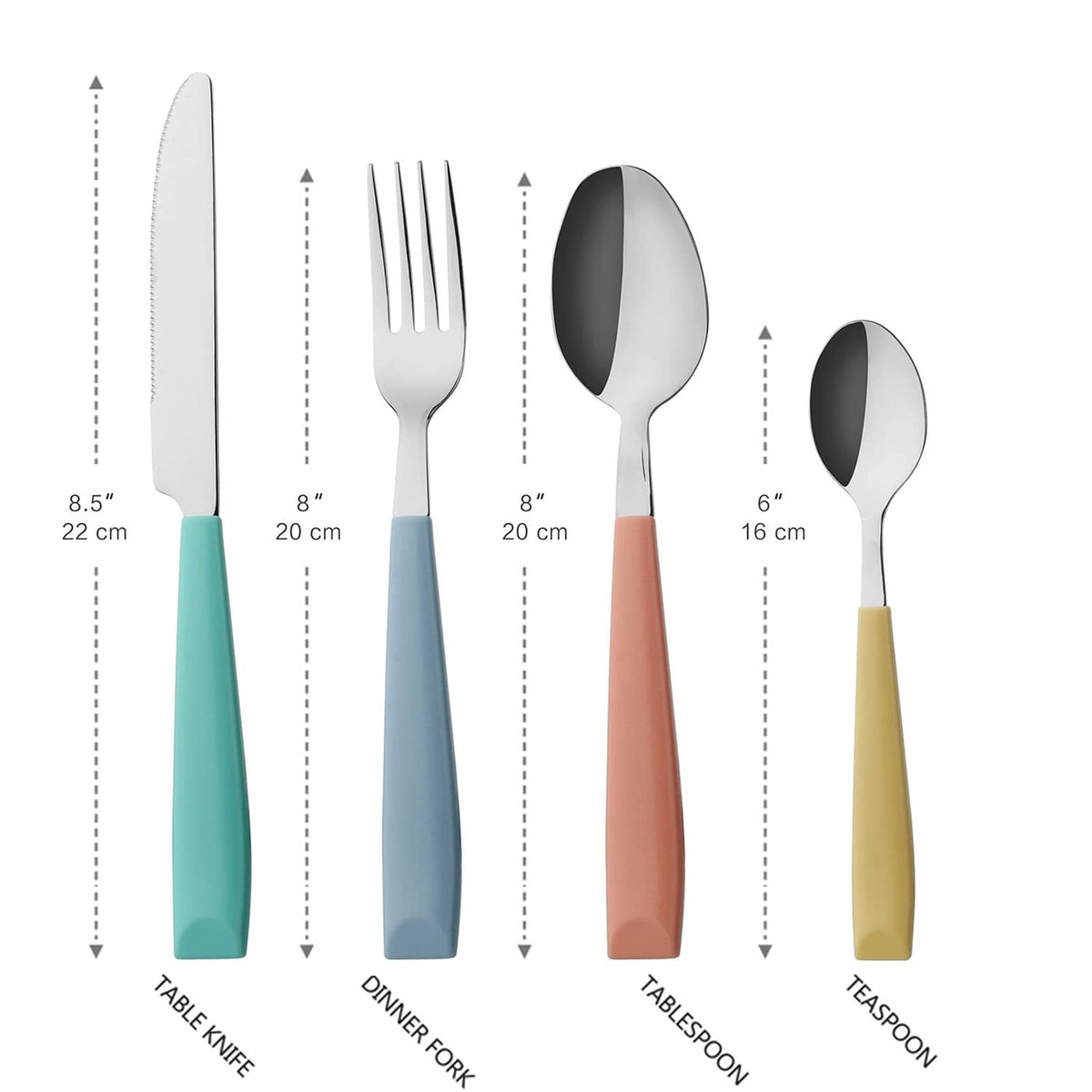 Stainless steel cutlery set with colorful handles: knife, fork, tablespoon and teaspoon