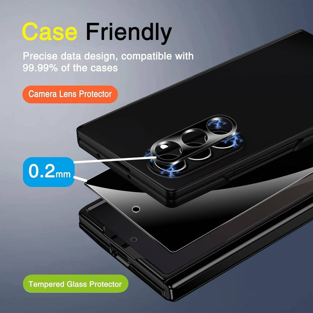 Case-friendly privacy screen protector with camera lens cutout, black glass film
