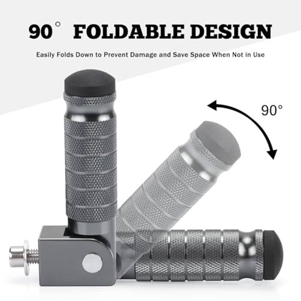 90-degree foldable foot pegs with diamond-textured silver grips and black rubber end caps.