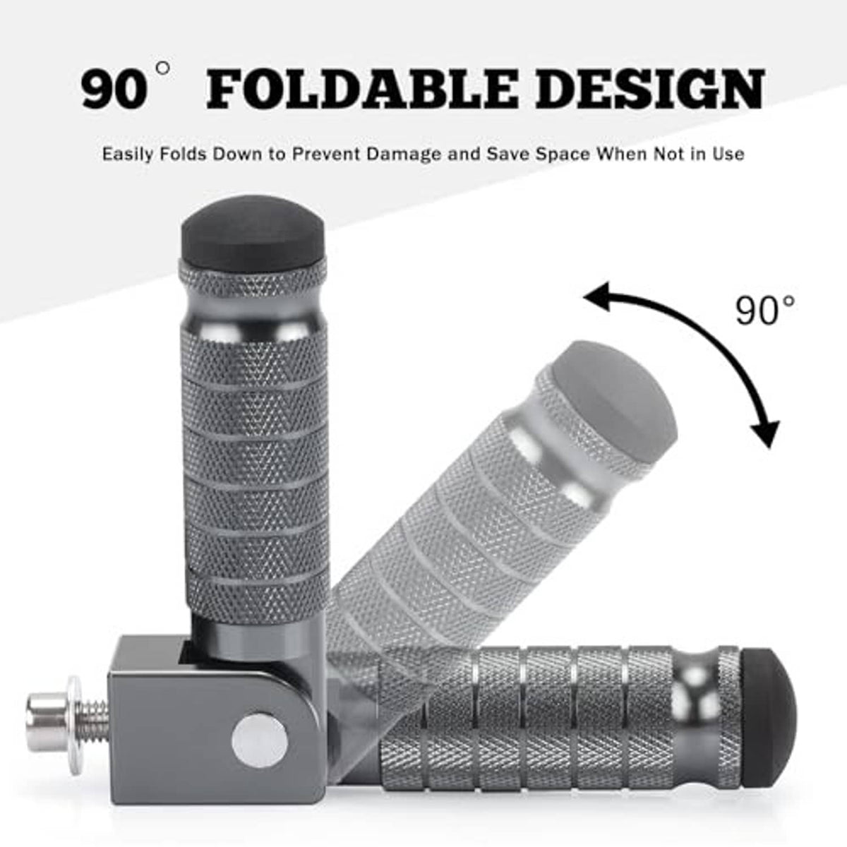 90-degree foldable foot pegs with diamond-textured silver grips and black rubber end caps.