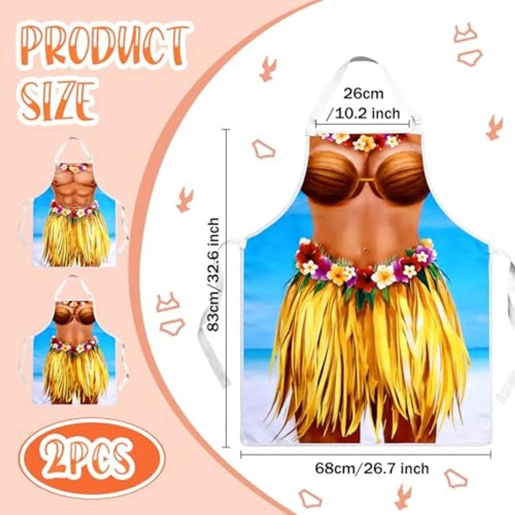Hawaiian apron with blue torso print, flower garland, and yellow fringe grass skirt; 2 pcs