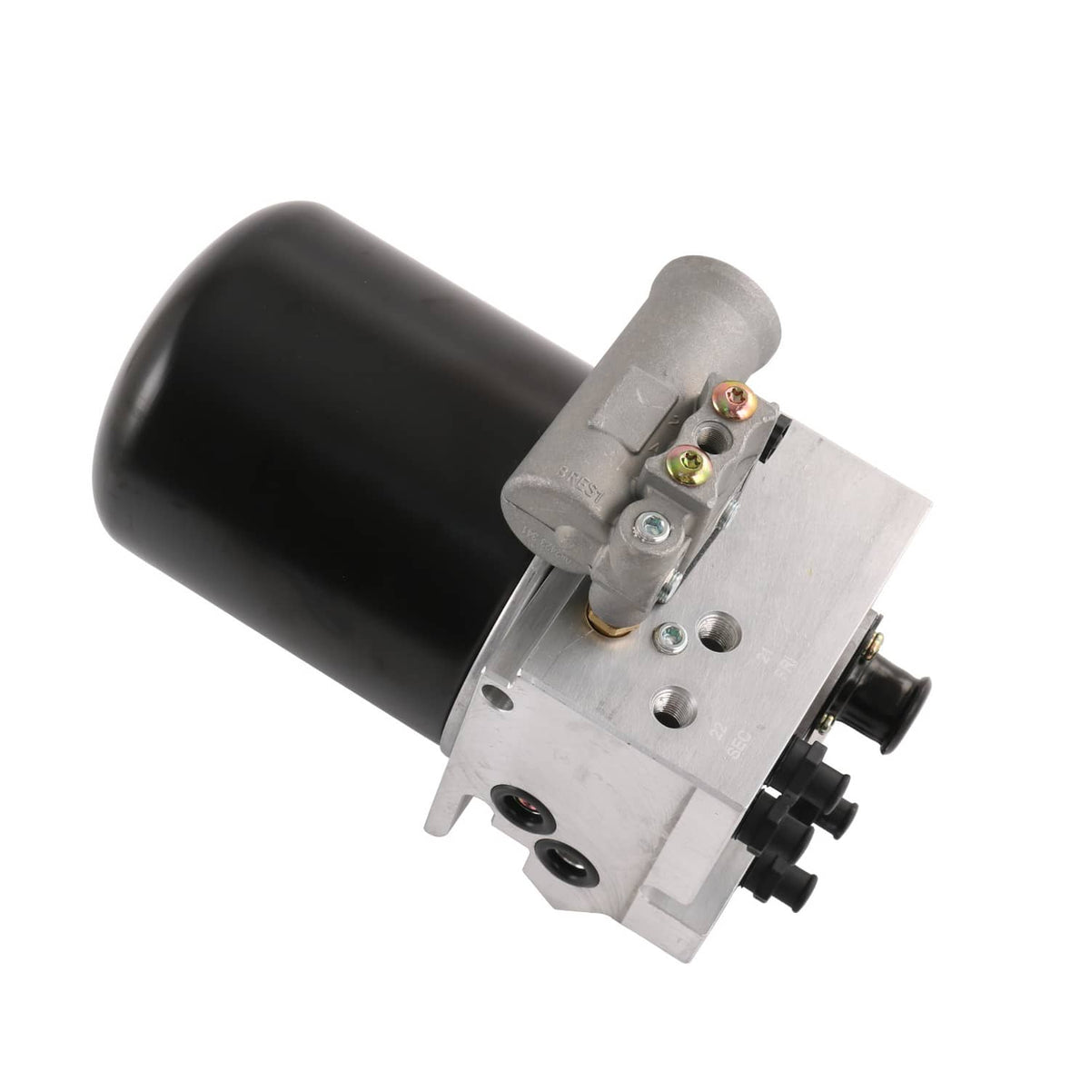 Air dryer unit with black reservoir and silver housing, front ports and connector plugs visible