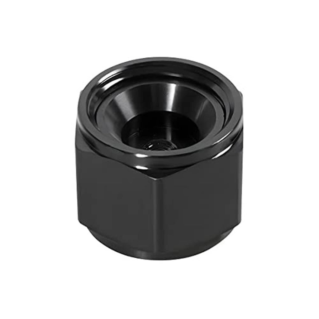 Black 10AN block-off cap plug with round interior opening and smooth hex exterior