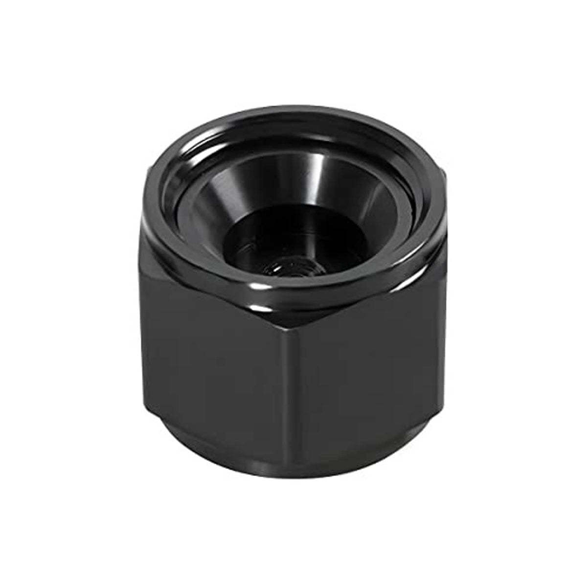 Black 10AN block-off cap plug with round interior opening and smooth hex exterior