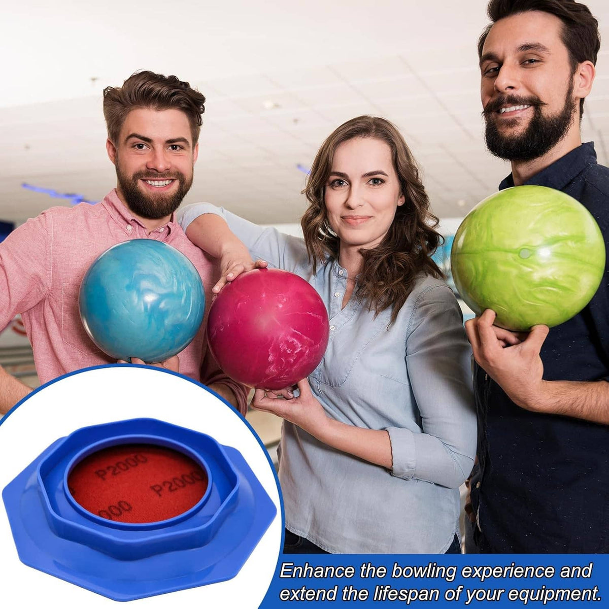 Blue bowling ball sanding pad holder with red sandpaper pad and included grip ball insert