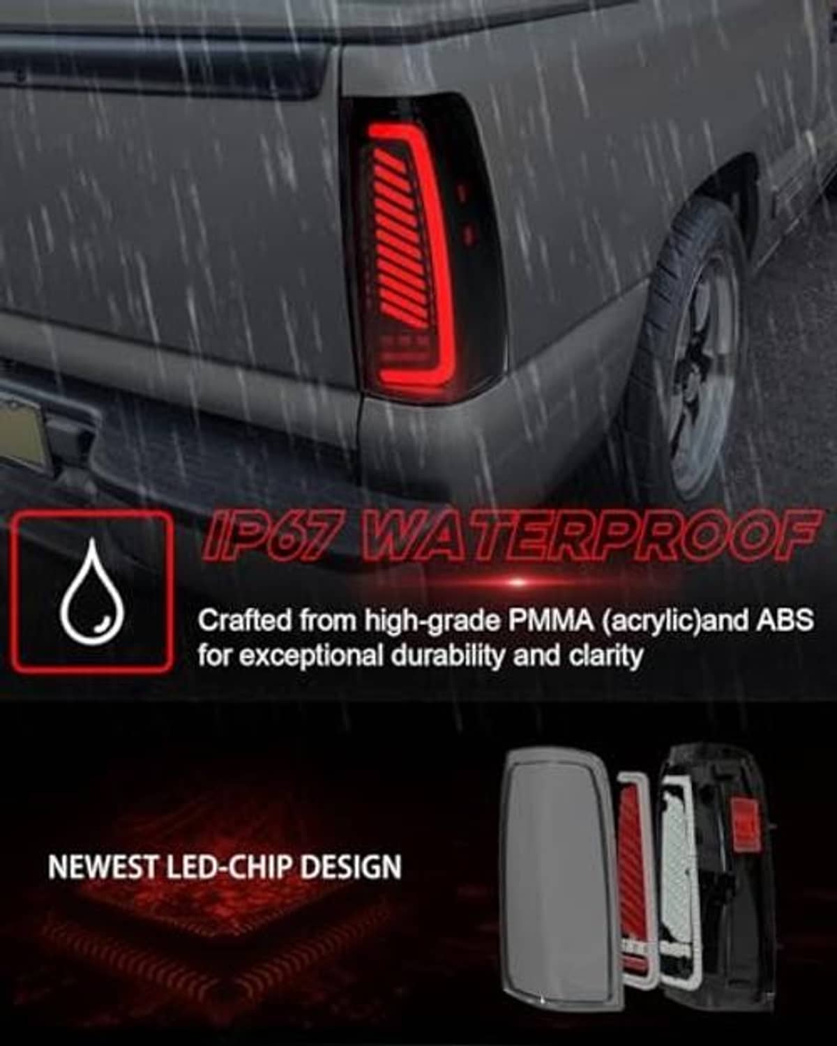Tail light with red LED vertical bar pattern in black smoked housing, wet-weather look