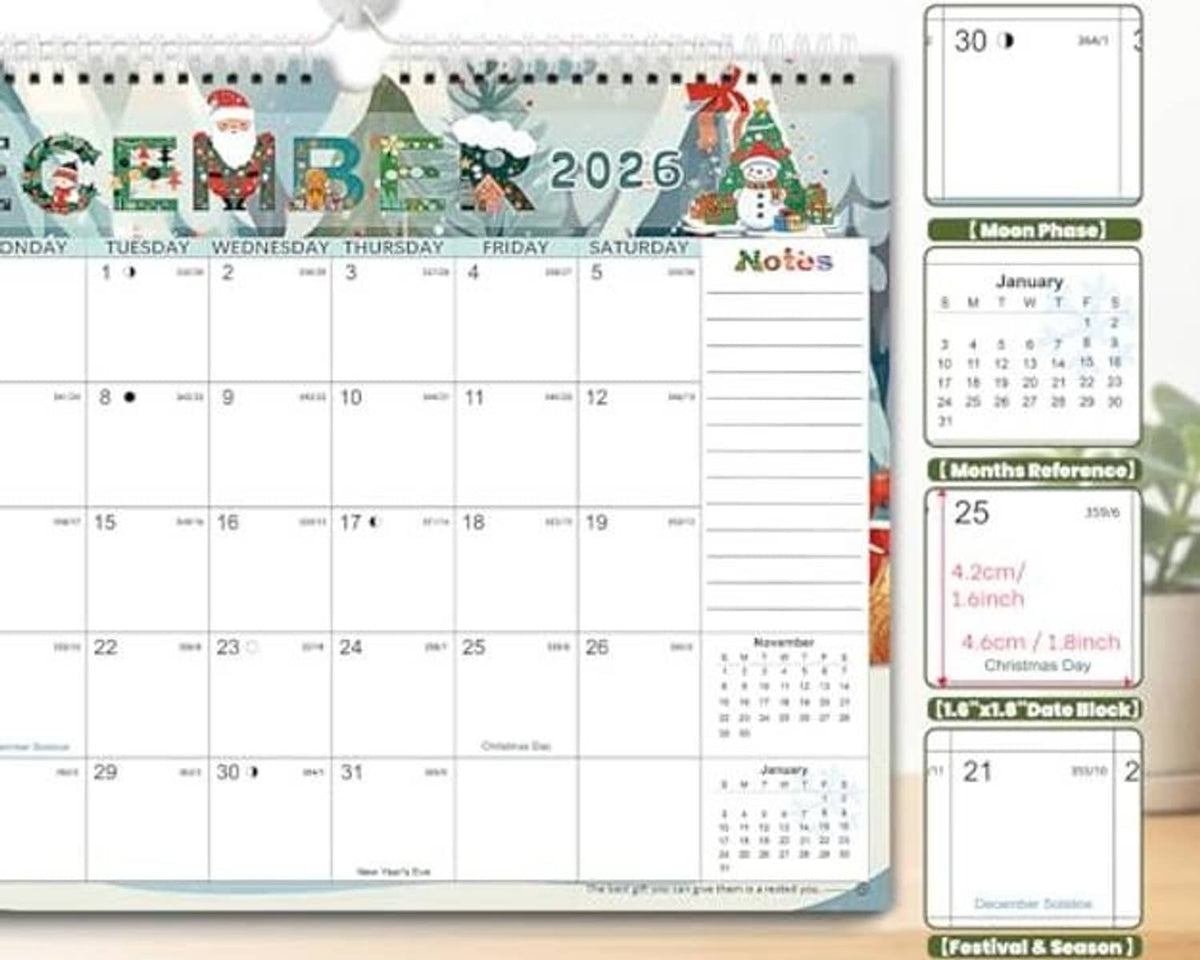 Spiral wall calendar page with festive 2026 theme, notes area and moon phase chart