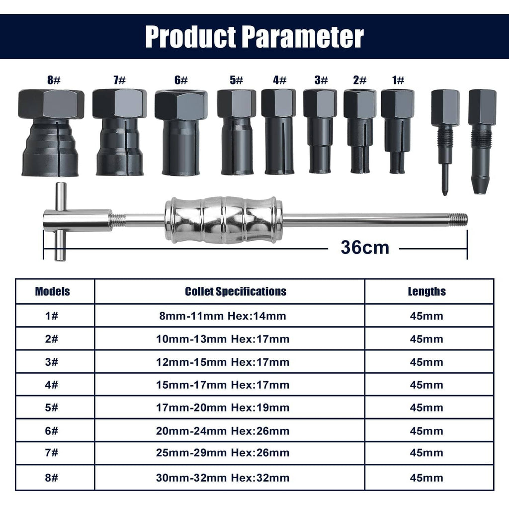 Inner bearing puller collets sizes chart with 36cm puller rod and numbered collets