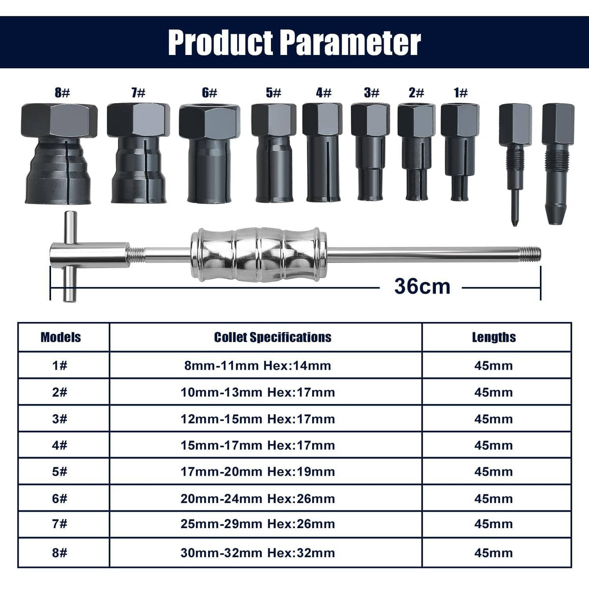 Inner bearing puller collets sizes chart with 36cm puller rod and numbered collets