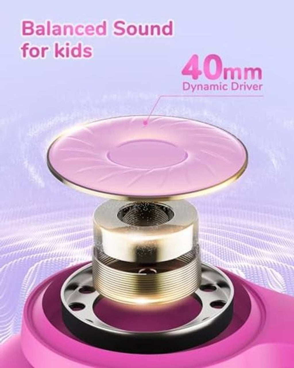 Rose pink over-ear headphone earcup driver assembly, close-up