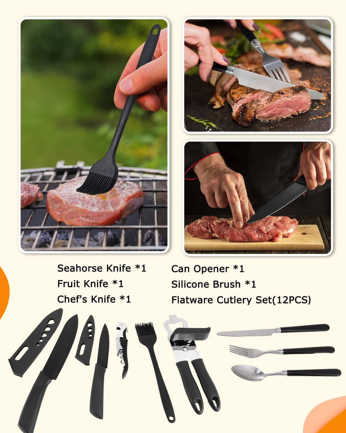 Portable grilling tool set with black-handled knives and barbecue accessories