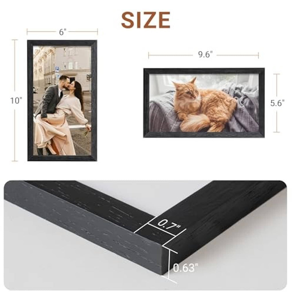 Black wood picture frame with size measurements and frame thickness details.