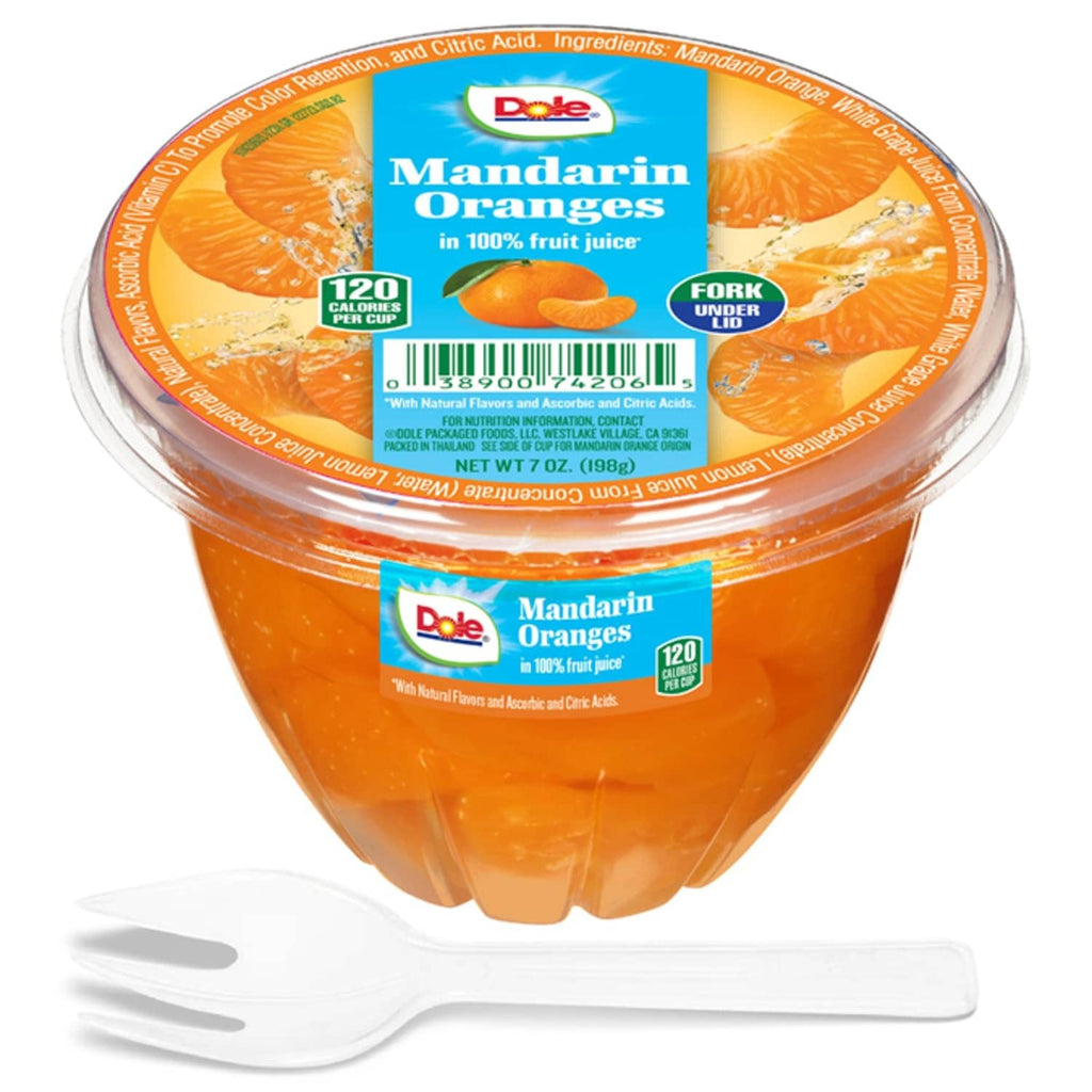 Mandarin Oranges fruit cup with label and attached white serving fork